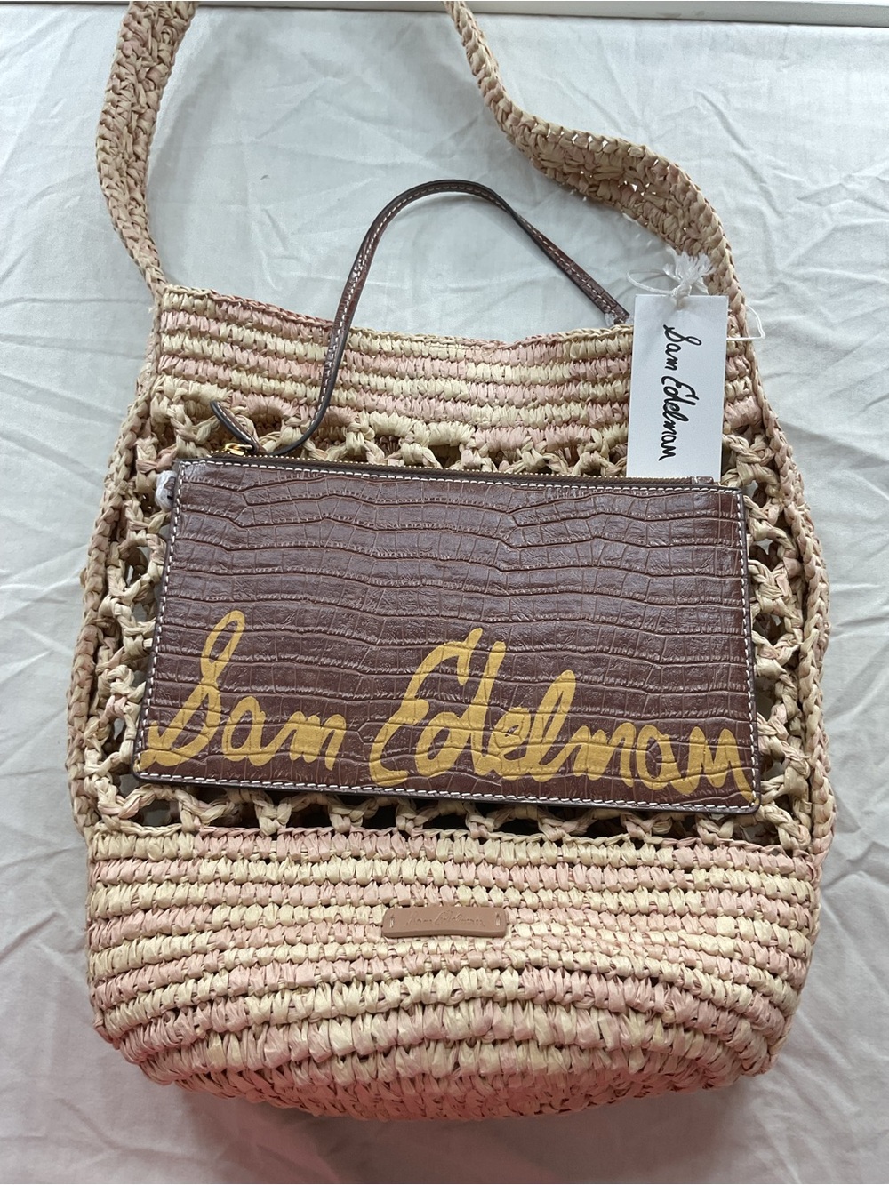 Sam Edelman Remi Raffia Natural Tote Beach Vacation Coastal Bucket Woven Bag